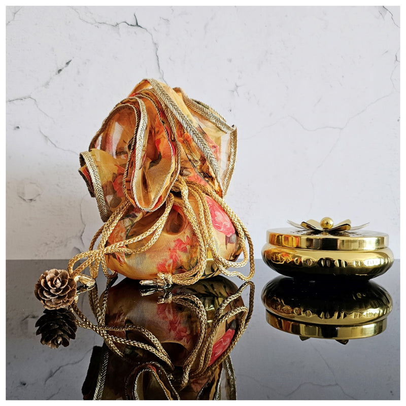 Diya with Lotus Lid - Gold with Gift Wrap (Orange)