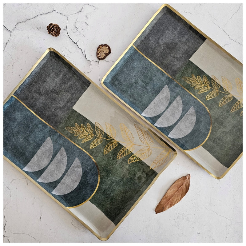 Metal Platter & Tray (Rectangle, Set of 2) - Abstract Gold Leaf