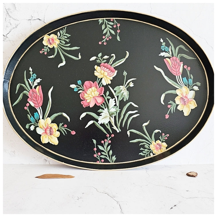 HAND PAINTED BUTLER SERVING TRAY OVAL LARGE MIDNIGHT BLACK