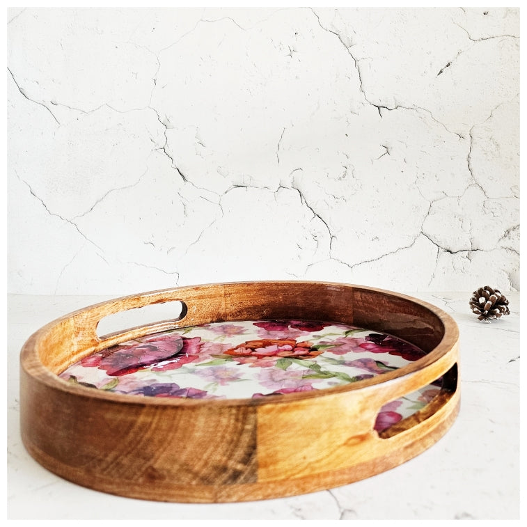 SERVING TRAY WITH HANDLE CUTS - ROUND - COUNTRY ROSE