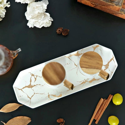 Ceramic White Matte Marble Platter with Gold Inlay + 2 Matching Coffee Mug with Wooden Lid