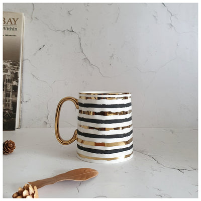 Ceramic Gold & Black Stripes & Peacock - Coffee Mug Set of 2
