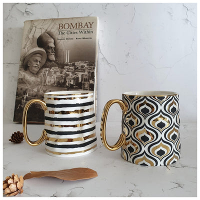 Ceramic Gold & Black Stripes & Peacock - Coffee Mug Set of 2