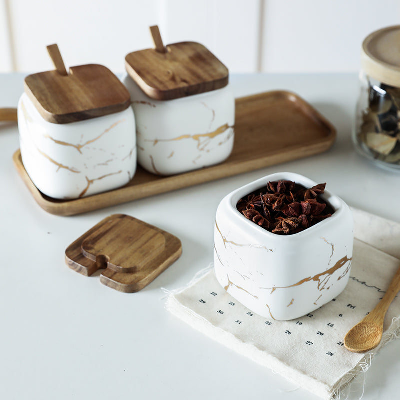 Ceramic Spice Set White Matte Marble with Gold Inlay Jars with Wooden Tray