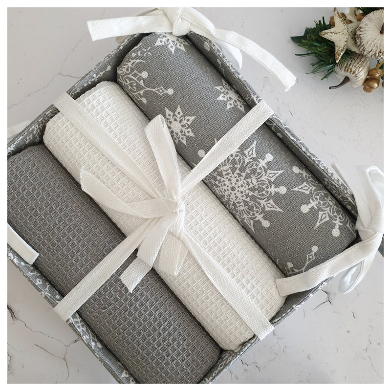 Kitchen Towels in a Basket (Set of 3) - Christmas Snowflake Collection