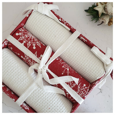 Kitchen Towels in a Basket (Set of 3) - Christmas Snowflake (Red) Collection