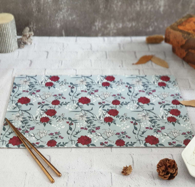 WIPE CLEAN TABLEMATS/PLACEMATS - GRAY & RED FLORAL