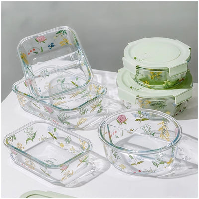 Glass Borosilicate - Container - Round - 700ml Divided - Floral Printed - Spring