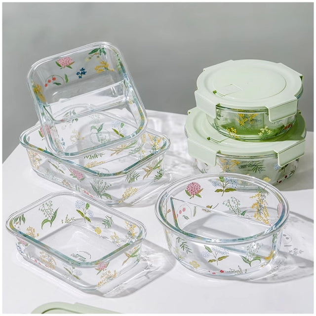 Glass Borosilicate - Container - Round - 700ml Divided - Floral Printed - Spring