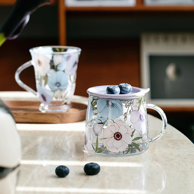 Glass Borosilicate - Tea Coffee Water Vintage Tall Mug Set of 2 - Floral Printed - Lilac Floral