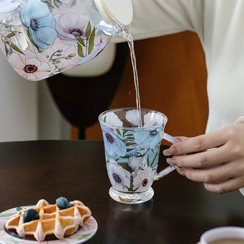 Glass Borosilicate - Tea Coffee Water Vintage Tall Mug Set of 2 - Floral Printed - Lilac Floral