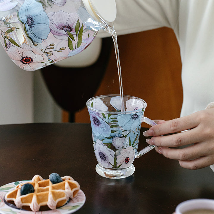 Glass Borosilicate - Tea Coffee Water Vintage Tall Mug Set of 2 - Floral Printed - Lilac Floral