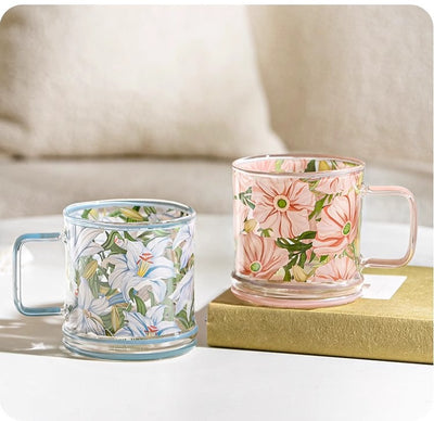 Glass Borosilicate - Tea Coffee Water Mug Double Ring, Set of 2 - Floral Printed - Blue Lily