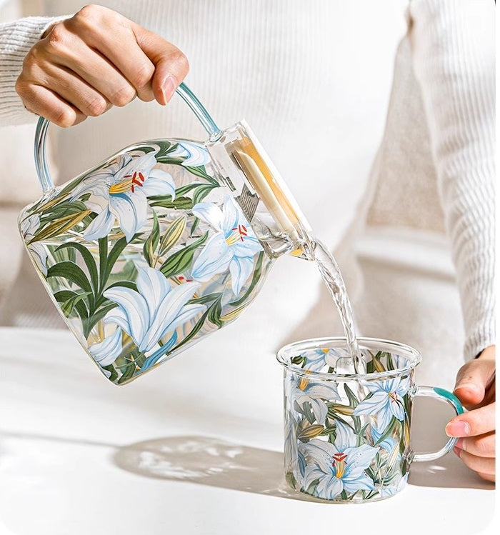 Glass Borosilicate - Tea Coffee Water Vintage Tall Mug Set of 2 - Floral Printed - Blue Lily