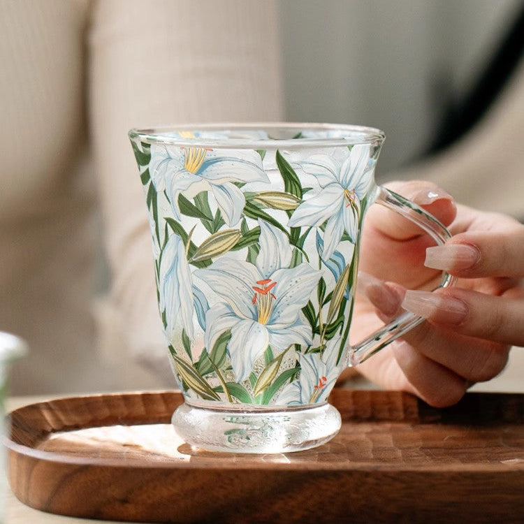 Glass Borosilicate - Tea Coffee Water Vintage Tall Mug Set of 2 - Floral Printed - Blue Lily