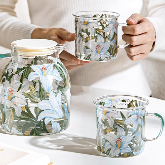 Glass Borosilicate - Water Pitcher Jug 1500 ml - Floral Printed - Blue Lillies