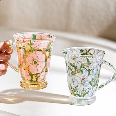 Glass Borosilicate - Tea Coffee Water Vintage Tall Mug Set of 2 - Floral Printed - Blue Lily