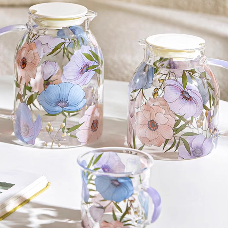 Glass - Water Pitcher Jug - Floral Printed - Purple Lotus