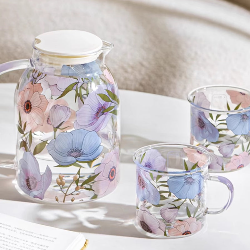 Glass - Water Pitcher Jug - Floral Printed - Purple Lotus
