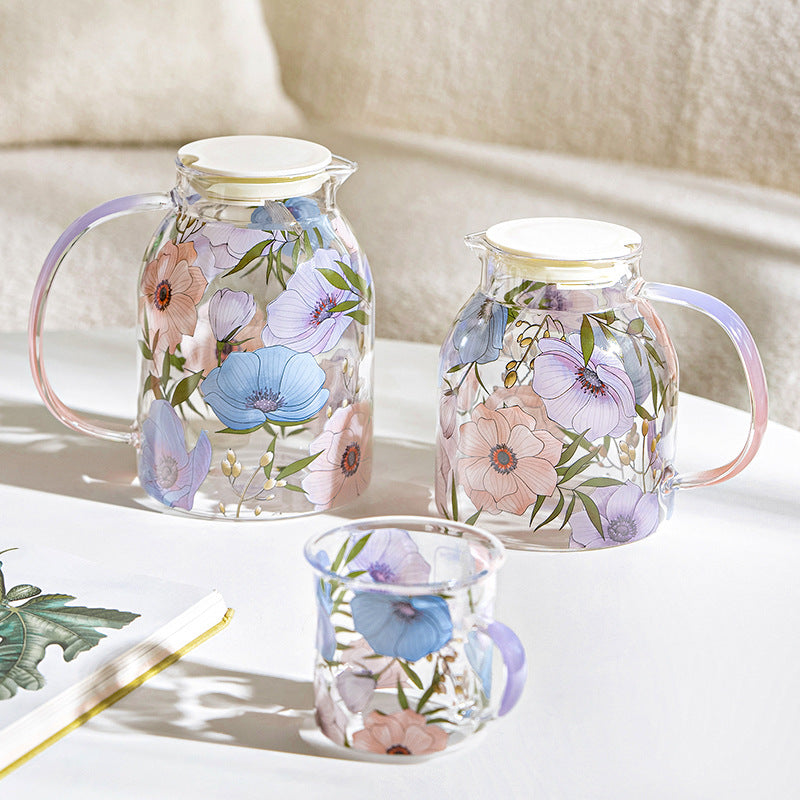Glass - Water Pitcher Jug - Floral Printed - Purple Lotus
