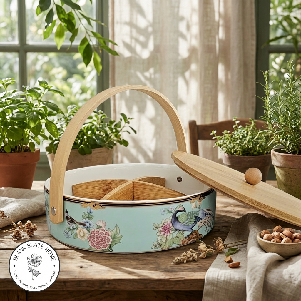 Ceramic - Snack Bowl with Bamboo Lid (Round) - Vintage Floral Blue