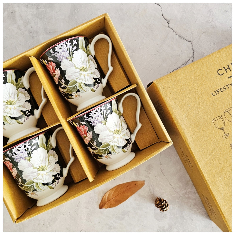 Ceramic - Coffee/Tea Mug Set of 4 Pieces - Moonlight Black Herringbone