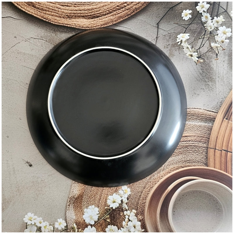 Ceramic - 11 Inch - Round Platter Plate - Ribbed - Ebony with Beige Rim