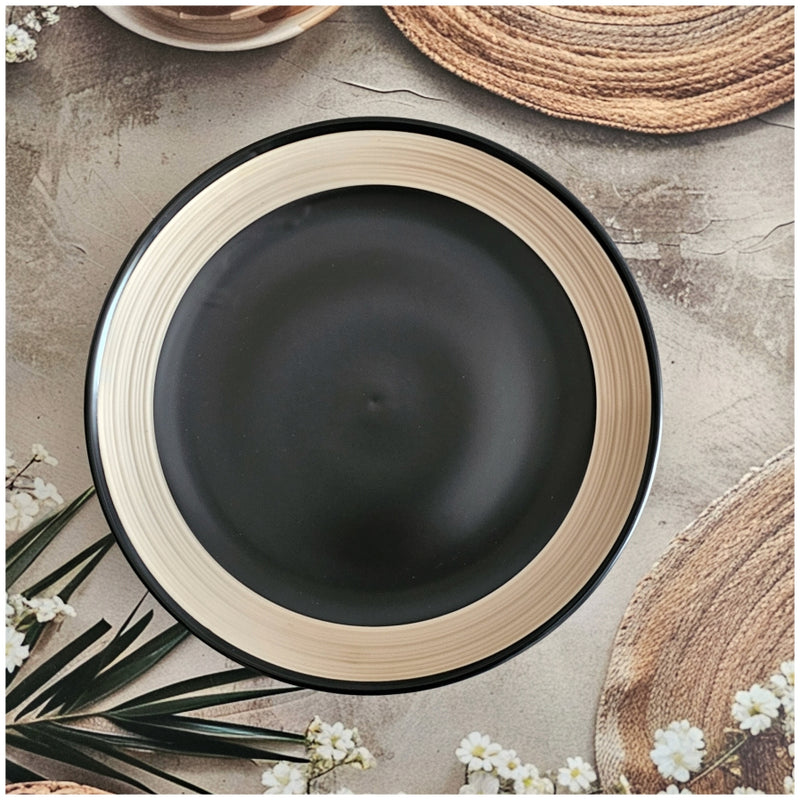 Ceramic - 11 Inch - Round Platter Plate - Ribbed - Ebony with Beige Rim
