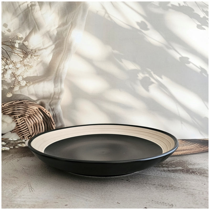 Ceramic - 11 Inch - Round Platter Plate - Ribbed - Ebony with Beige Rim