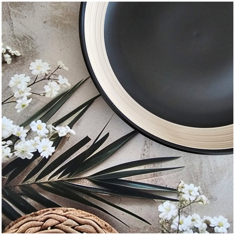 Ceramic - 11 Inch - Round Platter Plate - Ribbed - Ebony with Beige Rim