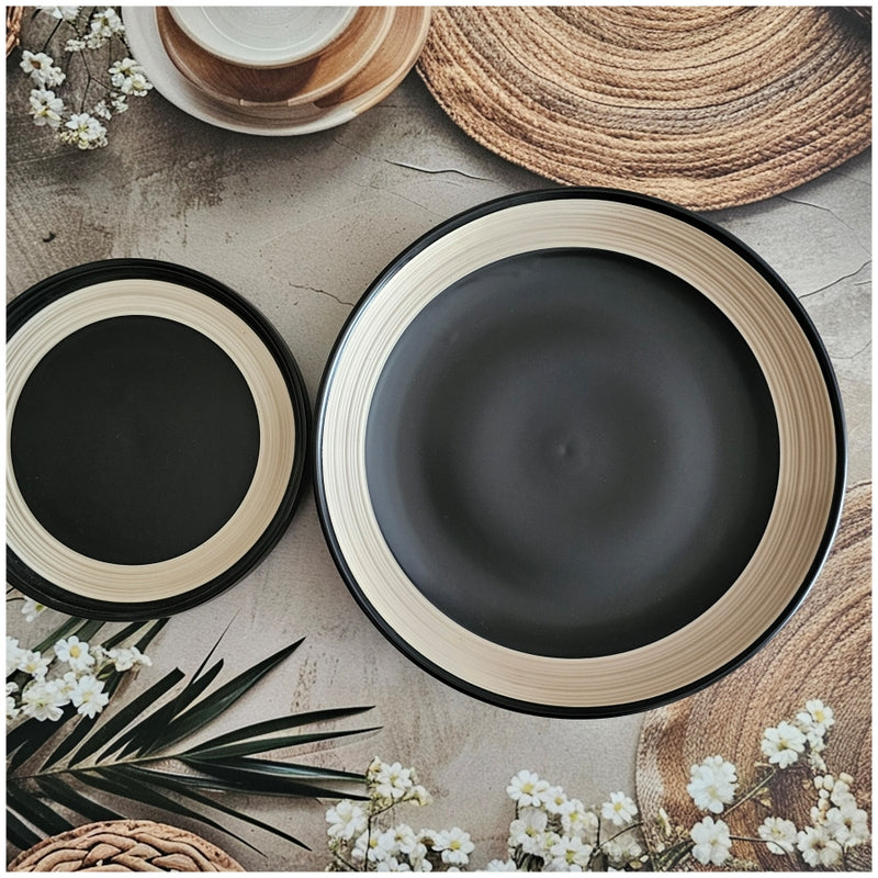 Ceramic - 11 Inch - Round Platter Plate - Ribbed - Ebony with Beige Rim