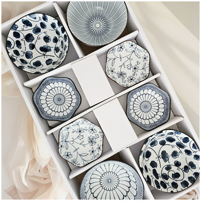Ceramic Gift Set - Ramen, Soup, Dip, Soy, Single Serve Dish - Set of 8 (4 Bowls + 4 Saucers) - Japanese Floral Blue Collection2
