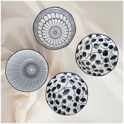 Ceramic Gift Set - Ramen, Soup, Dip, Soy, Single Serve Dish - Set of 8 (4 Bowls + 4 Saucers) - Japanese Floral Blue Collection2