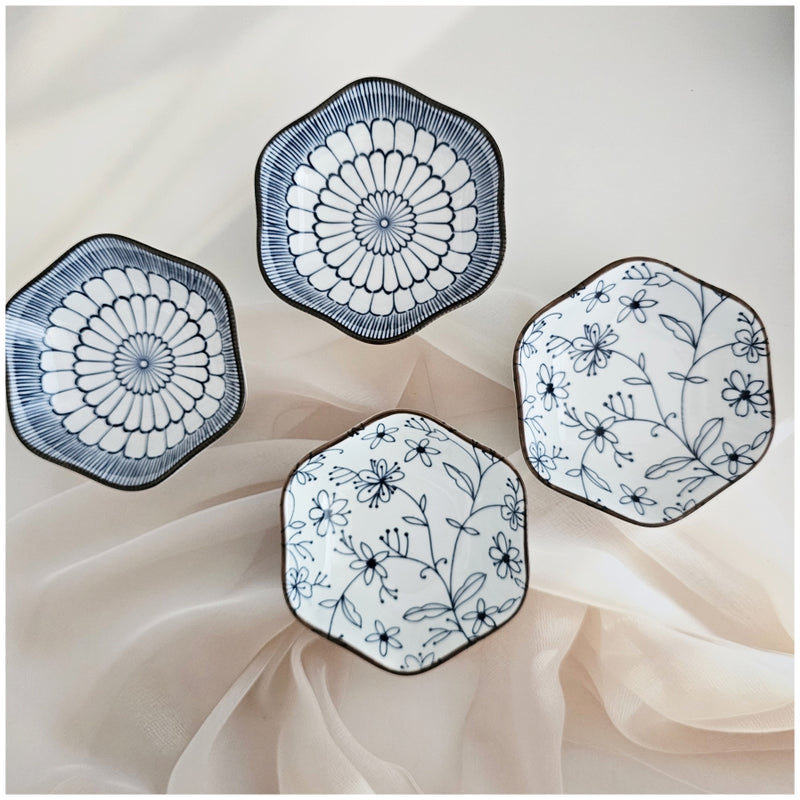 Ceramic Gift Set - Ramen, Soup, Dip, Soy, Single Serve Dish - Set of 8 (4 Bowls + 4 Saucers) - Japanese Floral Blue Collection2