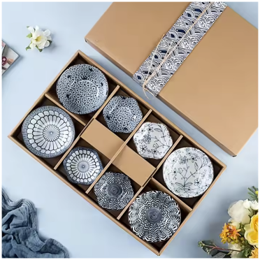 Ceramic Gift Set - Ramen, Soup, Dip, Soy, Single Serve Dish - Set of 8 (4 Bowls + 4 Saucers) - Japanese Floral Blue Collection