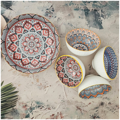 Ceramic - 1 Platter + 4 Bowls - Gift Set with Chopsticks - Bohemia Malaga