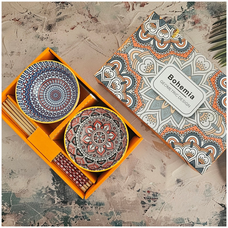 Ceramic - 2 Bowls - Gift Set with Chopsticks - Bohemia Malaga