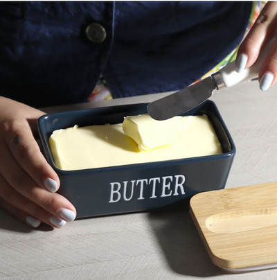 Ceramic - Container - Butter Dish with Bamboo Lid & Knife - 350ml - Blue