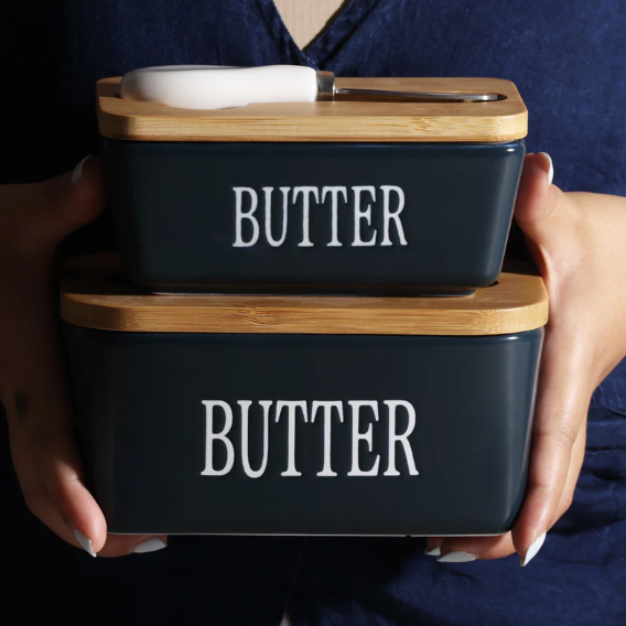 Ceramic - Container - Butter Dish with Bamboo Lid & Knife - 350ml - Blue