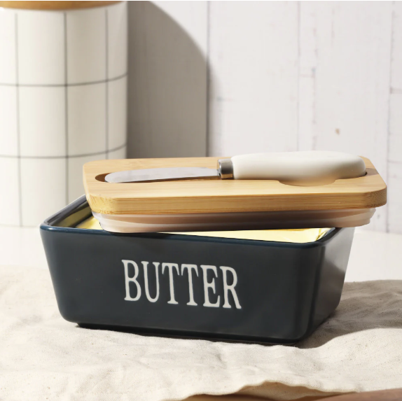 Ceramic - Container - Butter Dish with Bamboo Lid & Knife - 350ml - Blue