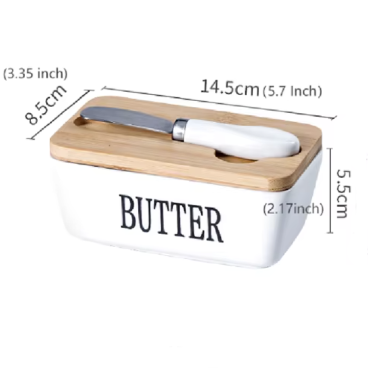 Ceramic - Container - Butter Dish with Bamboo Lid & Knife - 350ml - Blue