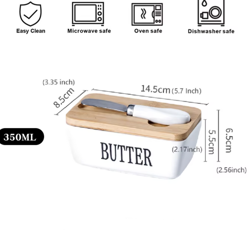 Ceramic - Container - Butter Dish with Bamboo Lid & Knife - 350ml - White