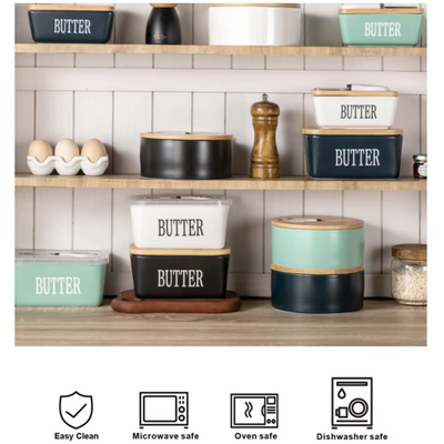 Ceramic - Container - Butter Dish with Bamboo Lid & Knife - 350ml - Blue