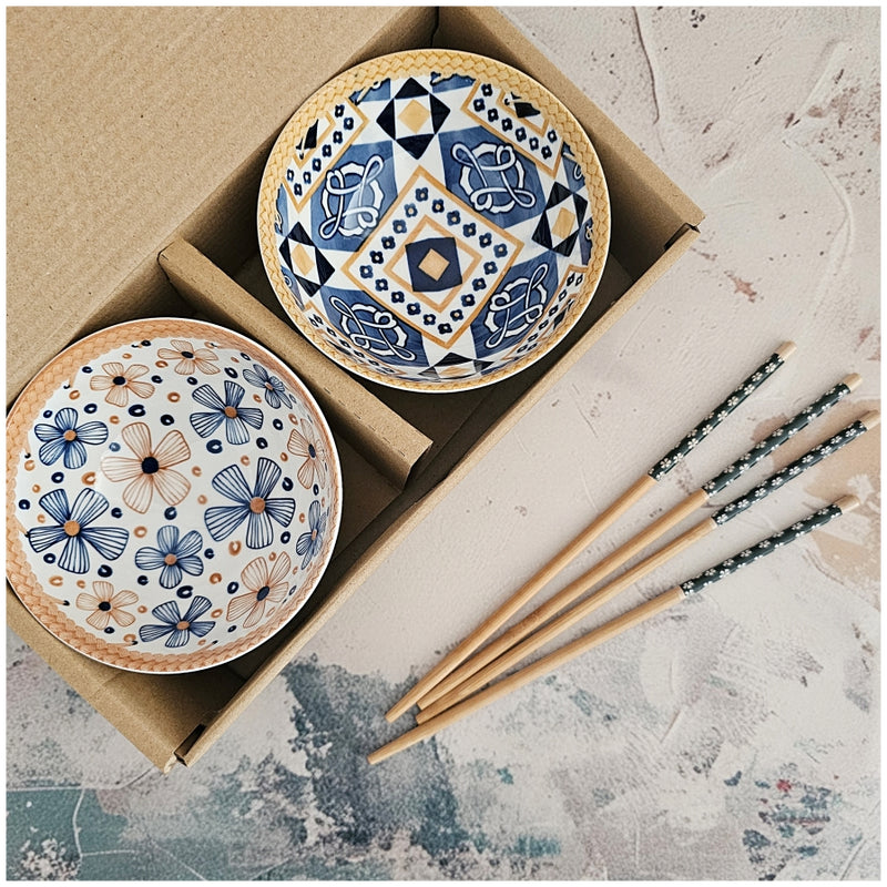 Ceramic - 2 Bowls - Gift Set with Chopsticks - Cancun