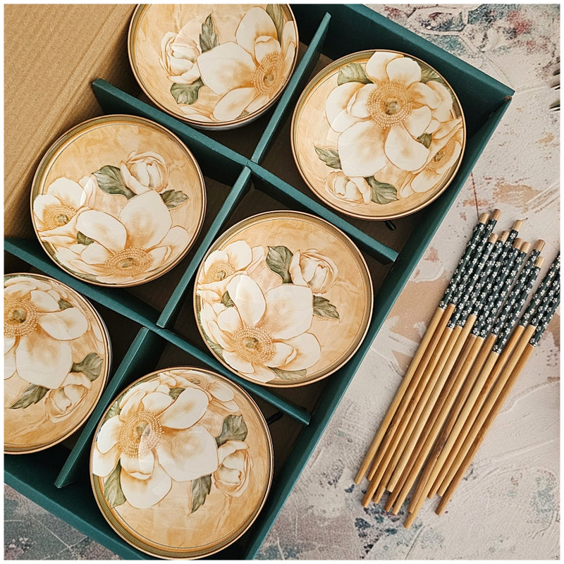 Ceramic - 6 Bowls - Gift Set with Chopsticks - Florence