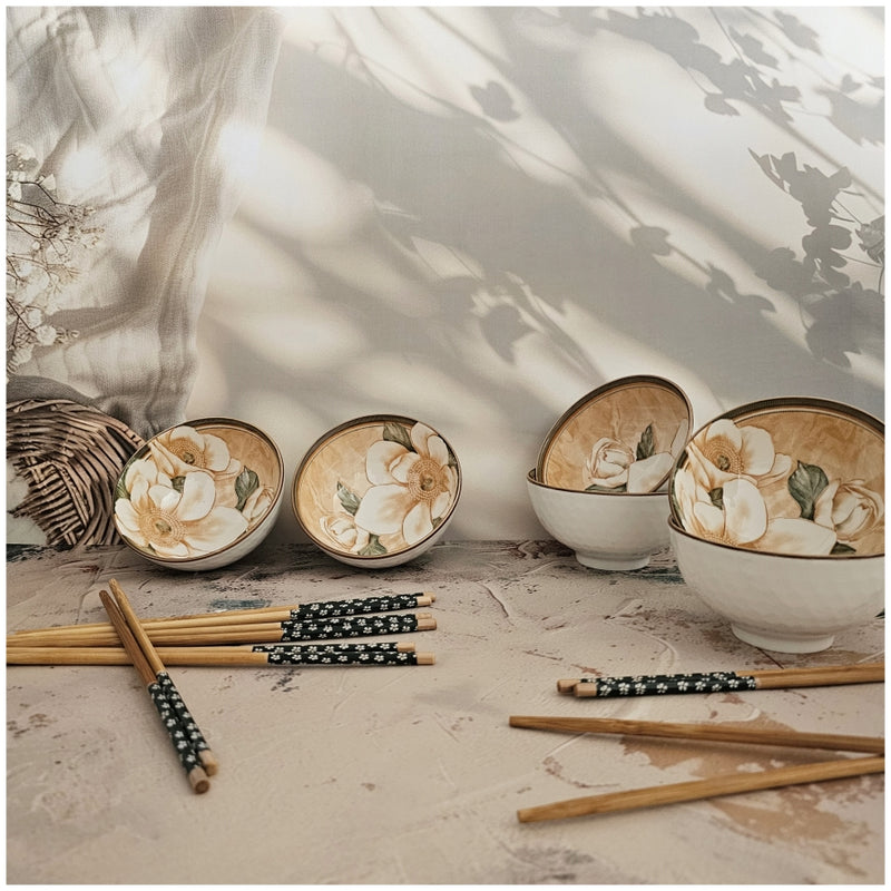 Ceramic - 6 Bowls - Gift Set with Chopsticks - Florence