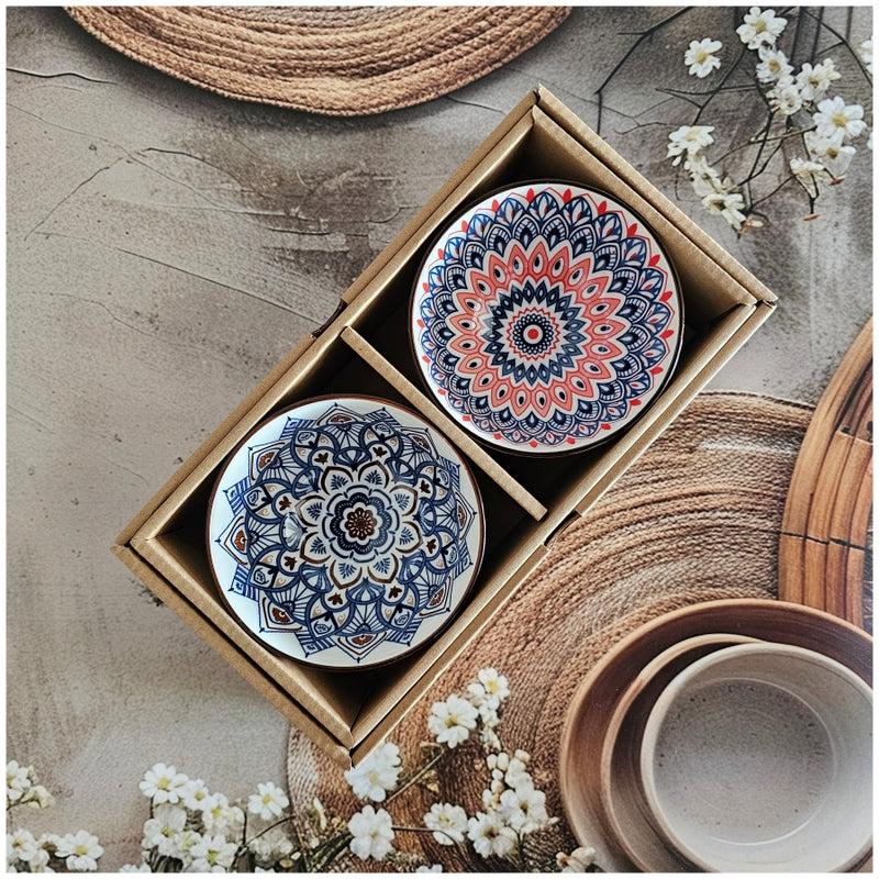 Ceramic - 2 Bowls - Gift Set - Moroccan Orange Blue Floral - Rice, Salad, Soup, Fruit Bowl 005