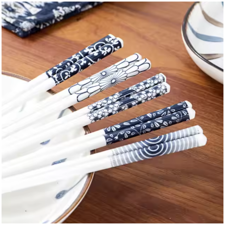 Ceramic - Chopsticks Set of 5 Pairs - Japanese Style - Reusable Blue& White