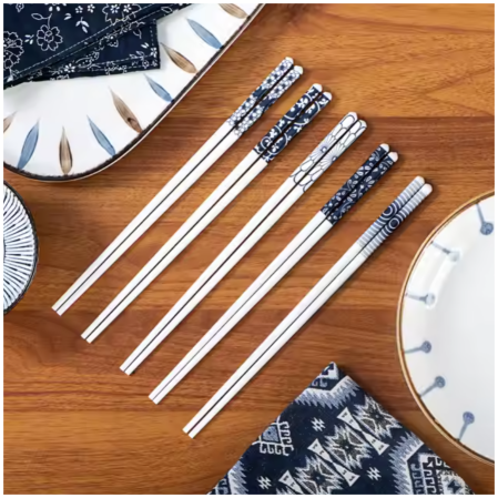 Ceramic - Chopsticks Set of 5 Pairs - Japanese Style - Reusable Blue& White
