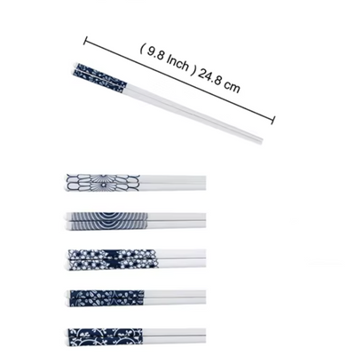 Ceramic - Chopsticks Set of 5 Pairs - Japanese Style - Reusable Blue& White